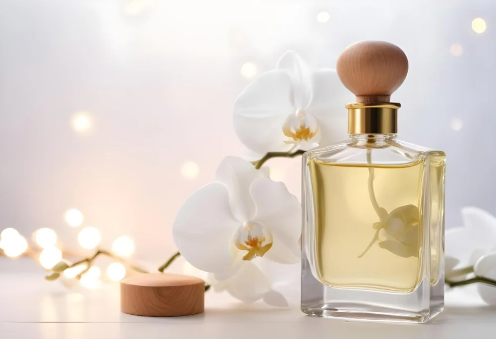 A Perfume Bottle With A Wooden Cap And A White Orchid On A White Wooden Surface With Bokeh Lights In The Background 23 5979