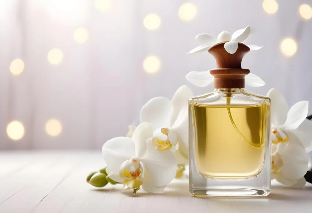 A Perfume Bottle With A Wooden Cap And A White Orchid On A White Wooden Surface With Bokeh Lights In The Background 25 74ce