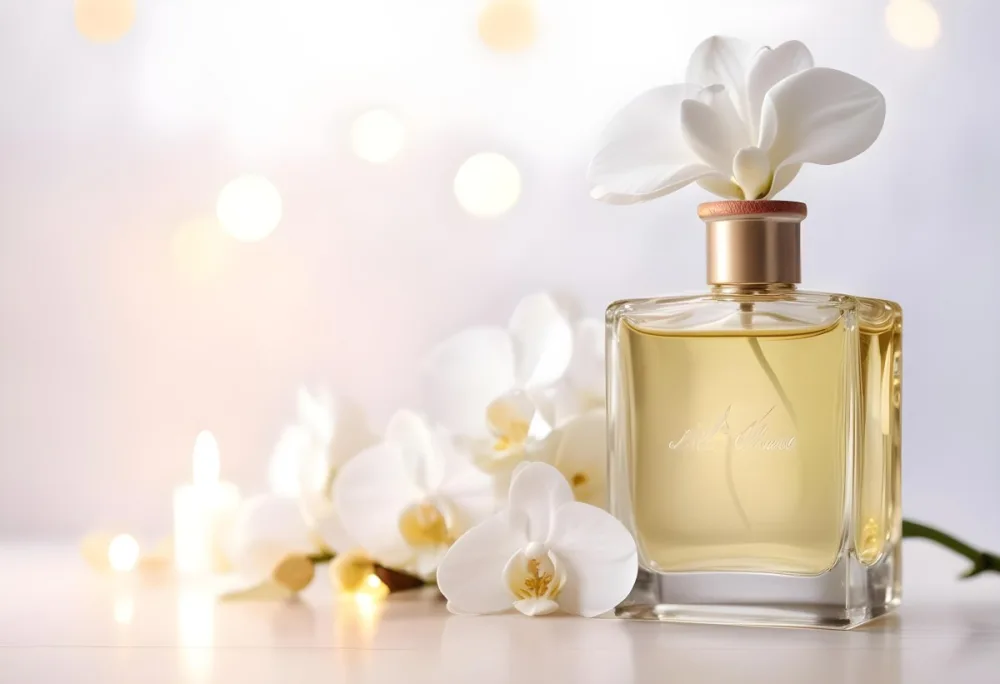 A Perfume Bottle With A Wooden Cap And A White Orchid On A White Wooden Surface With Bokeh Lights In The Background 28 8726