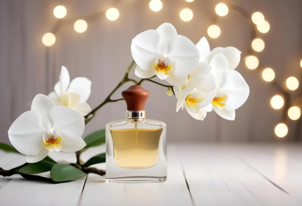 A Perfume Bottle With A Wooden Cap And A White Orchid On A White Wooden Surface With Bokeh Lights In The Background 40 Cf02