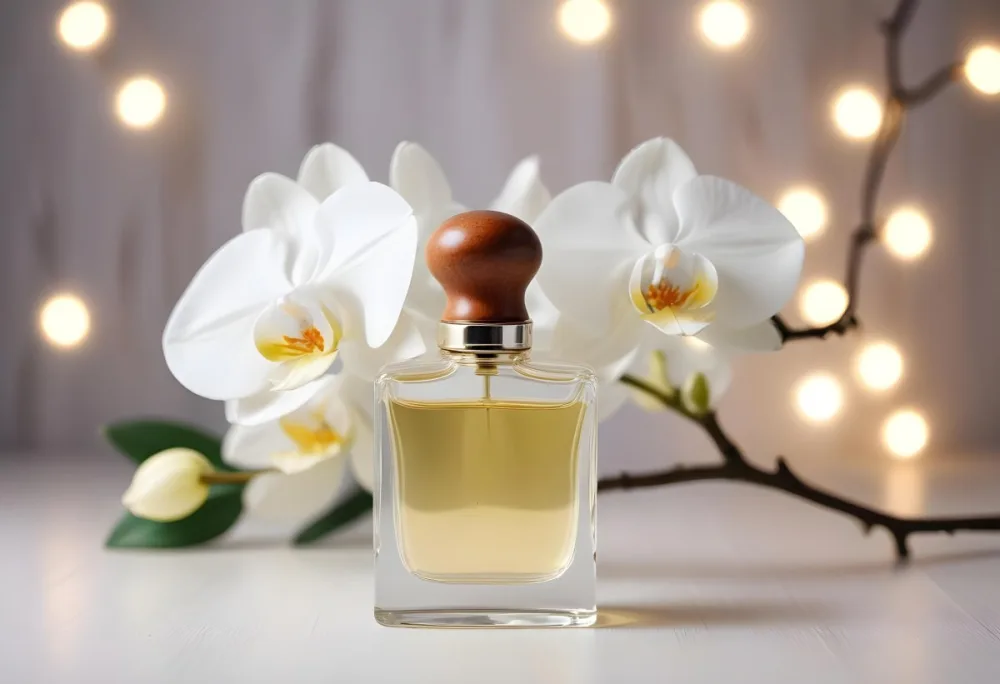 A Perfume Bottle With A Wooden Cap And A White Orchid On A White Wooden Surface With Bokeh Lights In The Background 44 0a60