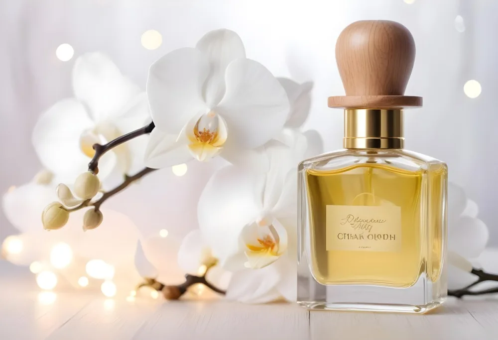 A Perfume Bottle With A Wooden Cap And A White Orchid On A White Wooden Surface With Bokeh Lights In The Background 46 20c4