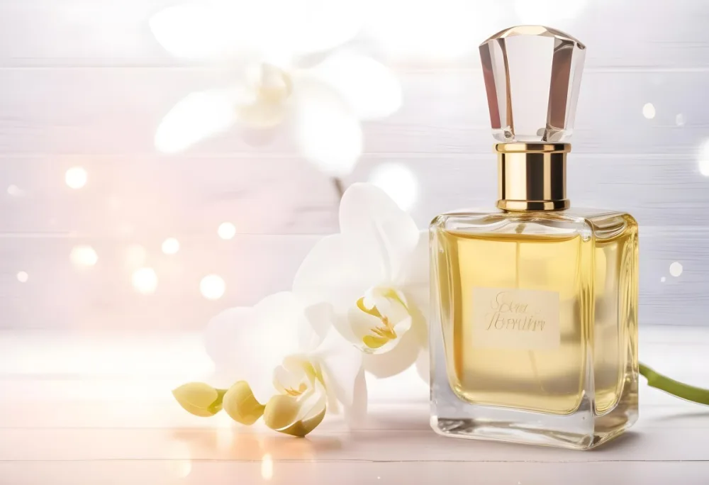 A Perfume Bottle With A Wooden Cap And A White Orchid On A White Wooden Surface With Bokeh Lights In The Background 7 B9f6