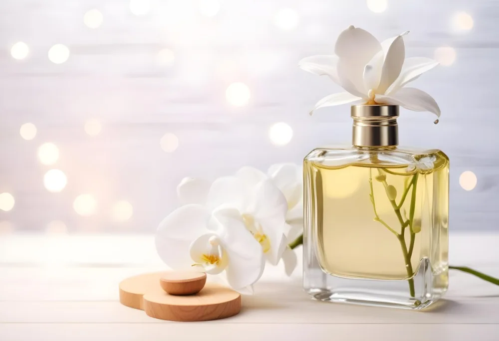 A Perfume Bottle With A Wooden Cap And A White Orchid On A White Wooden Surface With Bokeh Lights In The Background 9 Dd41