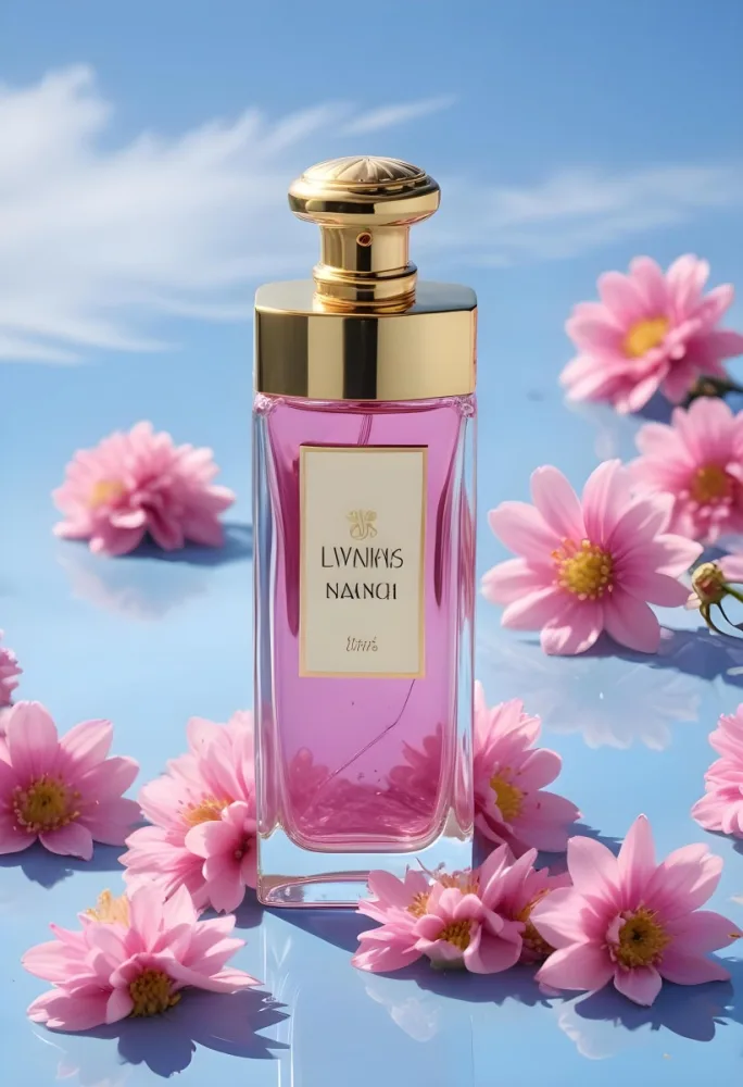 A Perfume Bottle With Blue Liquid And A Golden Cap Surrounded By Pink Flowers And Petals With A Blue Sky Background 24 9a82 F921