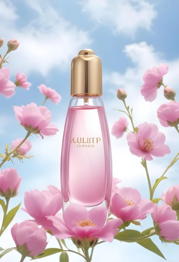 A Perfume Bottle With Blue Liquid And A Golden Cap Surrounded By Pink Flowers And Petals With A Blue Sky Background 3 1fe6