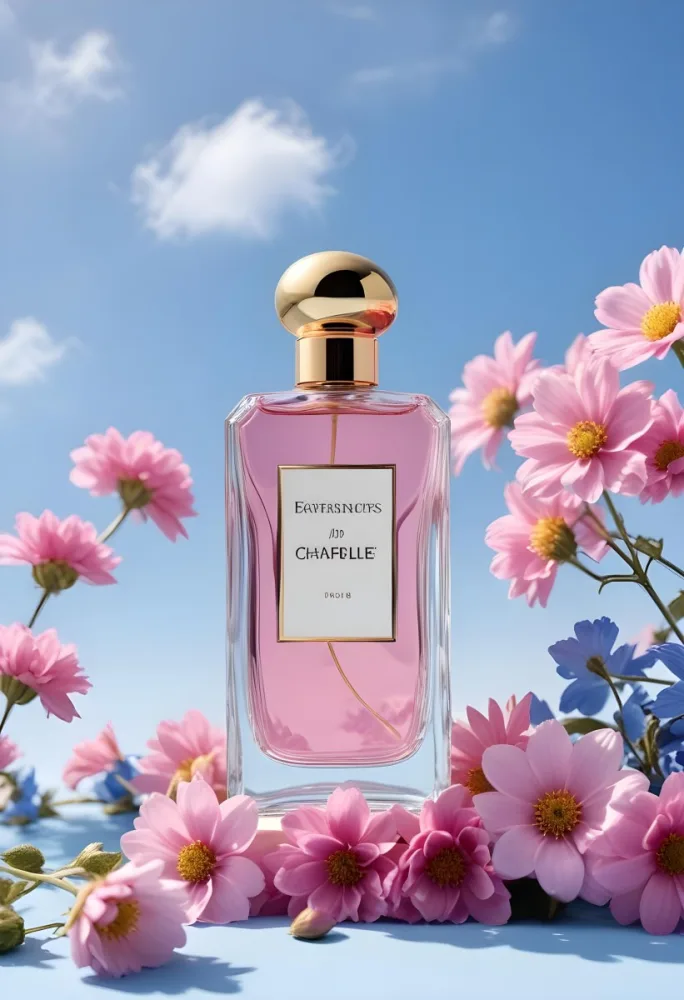 A Perfume Bottle With Blue Liquid And A Golden Cap Surrounded By Pink Flowers And Petals With A Blue Sky Background 8 A2a0