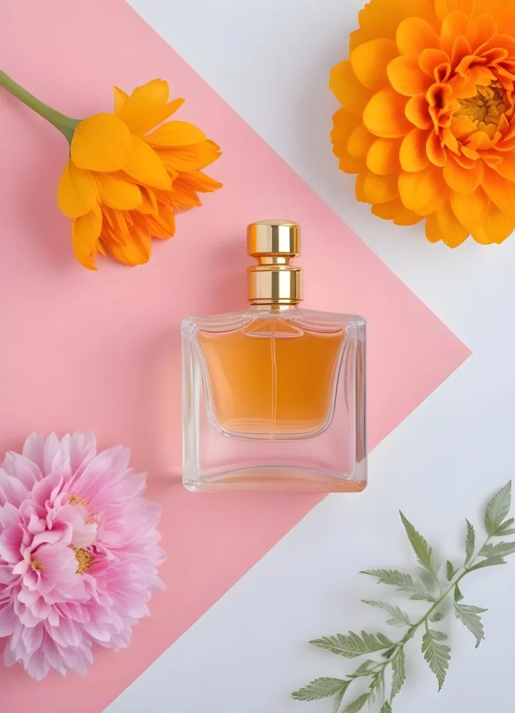 A Perfume Bottle With Golden Cap Surrounded By Orange And Pink Flowers On A Pink And White Background Product Photography Studio Shot 12 A197