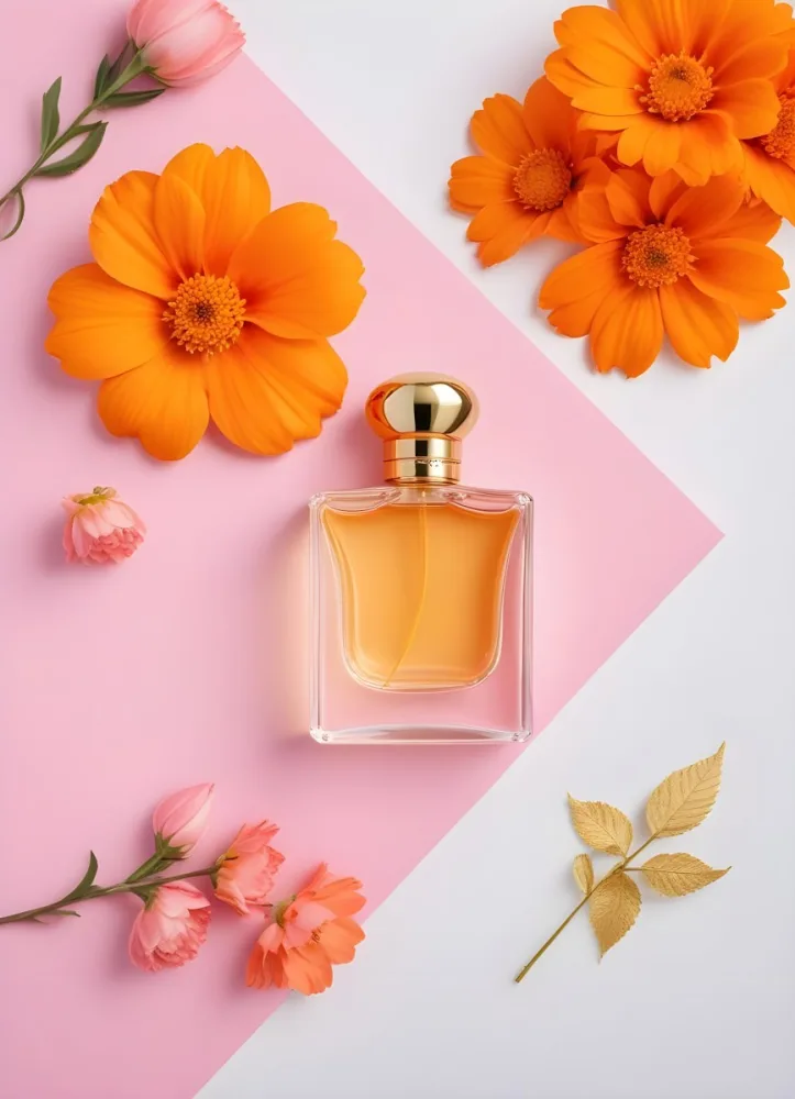 A Perfume Bottle With Golden Cap Surrounded By Orange And Pink Flowers On A Pink And White Background Product Photography Studio Shot 14 Fa2f