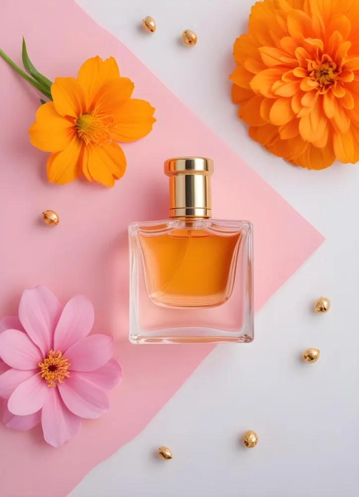 A Perfume Bottle With Golden Cap Surrounded By Orange And Pink Flowers On A Pink And White Background Product Photography Studio Shot 15 Cc0a