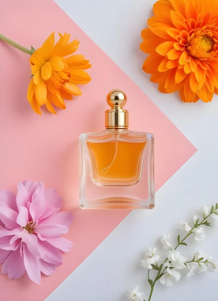 A Perfume Bottle With Golden Cap Surrounded By Orange And Pink Flowers On A Pink And White Background Product Photography Studio Shot 18 Ae71