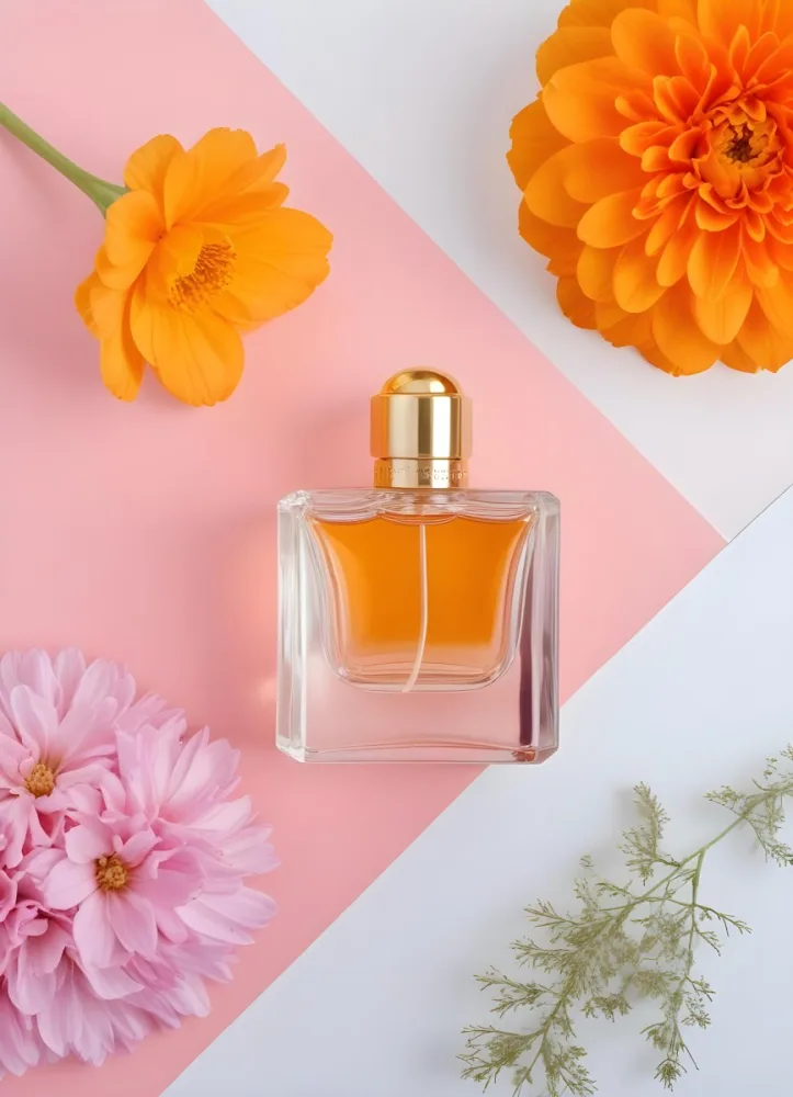 A Perfume Bottle With Golden Cap Surrounded By Orange And Pink Flowers On A Pink And White Background Product Photography Studio Shot 2 3421