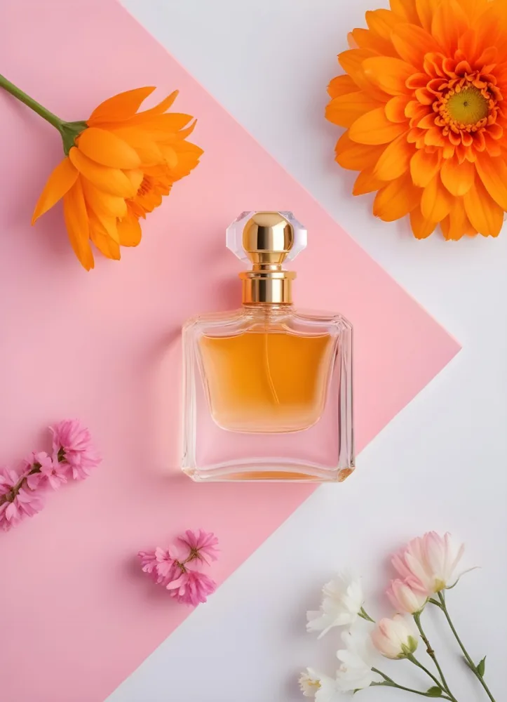 A Perfume Bottle With Golden Cap Surrounded By Orange And Pink Flowers On A Pink And White Background Product Photography Studio Shot 23 5eb6