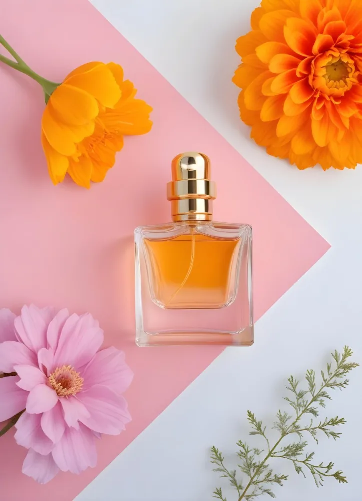 A Perfume Bottle With Golden Cap Surrounded By Orange And Pink Flowers On A Pink And White Background Product Photography Studio Shot 3 47eb