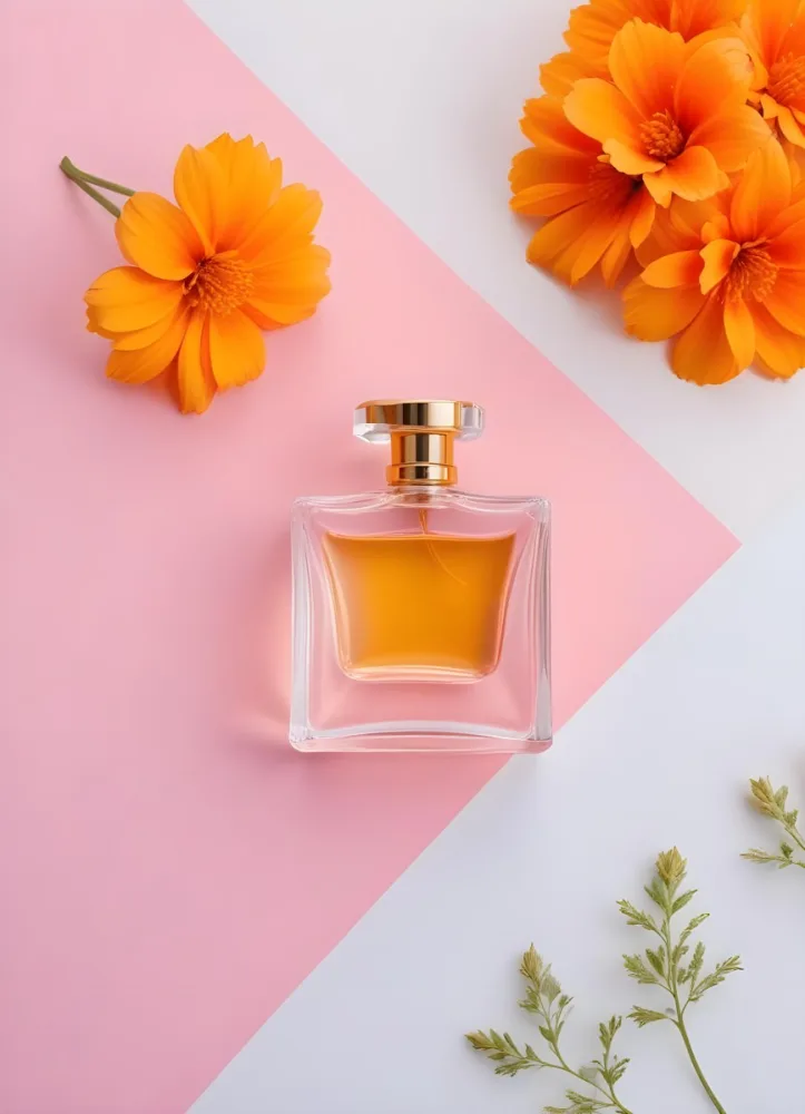A Perfume Bottle With Golden Cap Surrounded By Orange And Pink Flowers On A Pink And White Background Product Photography Studio Shot 34 2719