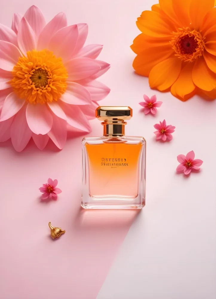 A Perfume Bottle With Golden Cap Surrounded By Orange And Pink Flowers On A Pink And White Background Product Photography Studio Shot 38 7bff