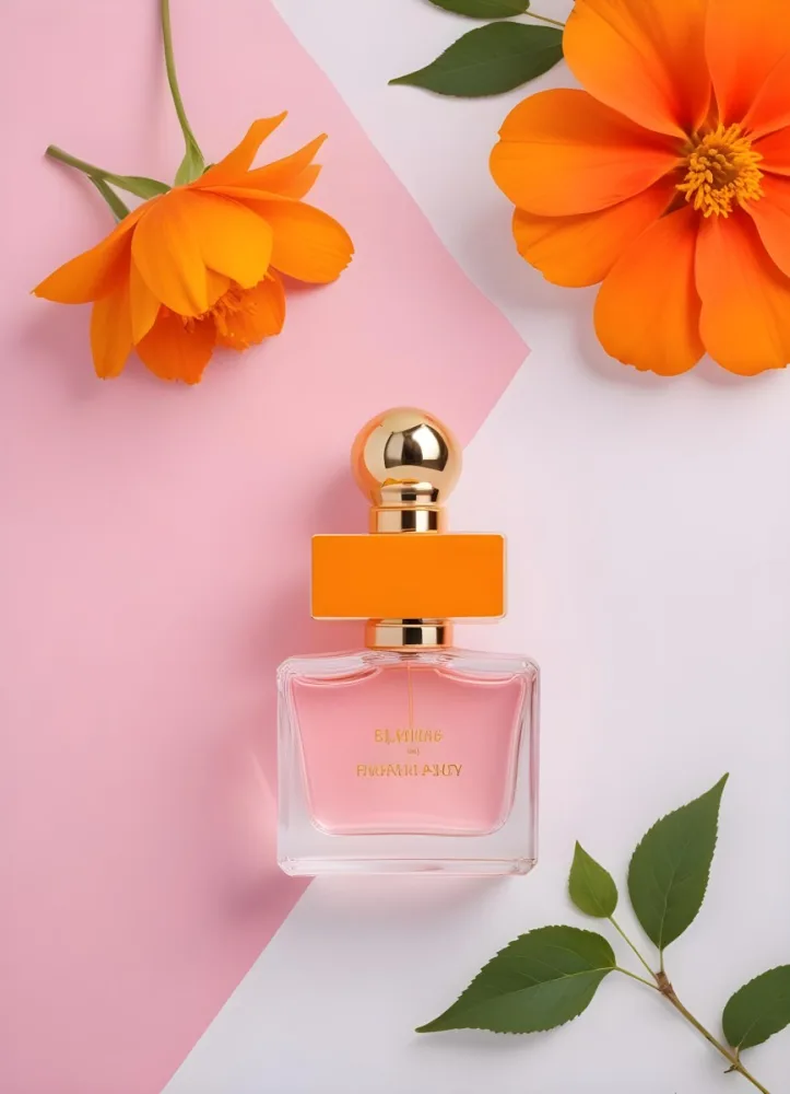 A Perfume Bottle With Golden Cap Surrounded By Orange And Pink Flowers On A Pink And White Background Product Photography Studio Shot 42 B9c4