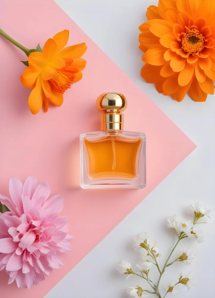 A Perfume Bottle With Golden Cap Surrounded By Orange And Pink Flowers On A Pink And White Background Product Photography Studio Shot 52 Fb16