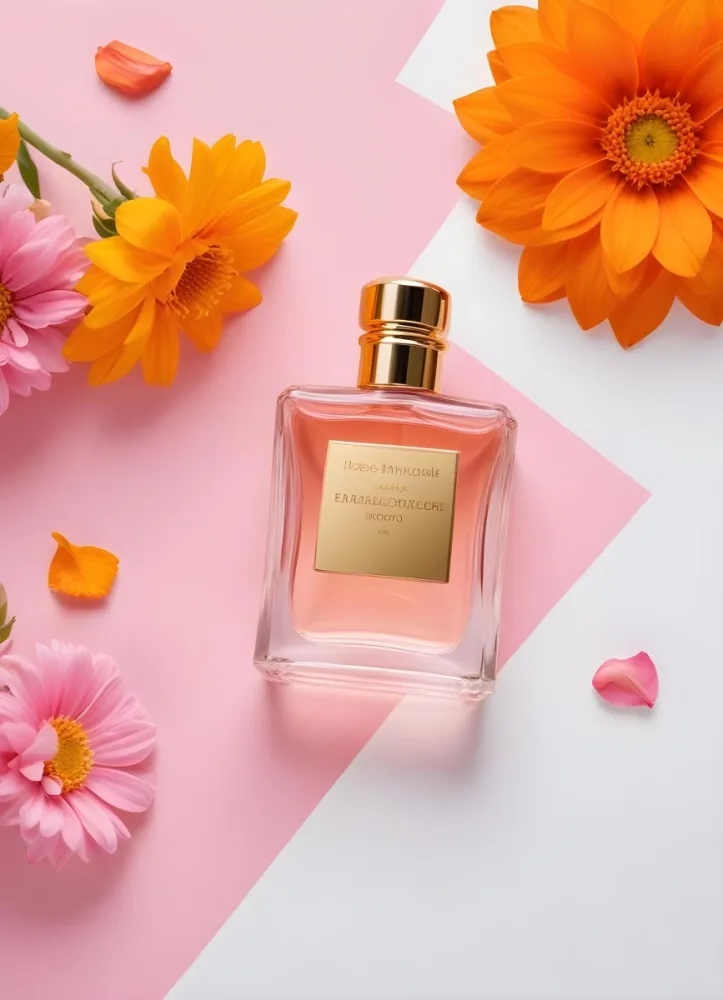 A Perfume Bottle With Golden Cap Surrounded By Orange And Pink Flowers On A Pink And White Background Product Photography Studio Shot 6 6498