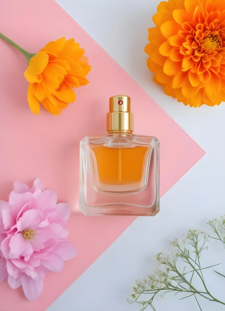 A Perfume Bottle With Golden Cap Surrounded By Orange And Pink Flowers On A Pink And White Background Product Photography Studio Shot 61 Edb0