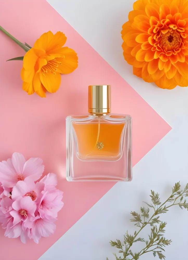 A Perfume Bottle With Golden Cap Surrounded By Orange And Pink Flowers On A Pink And White Background Product Photography Studio Shot 63 5712