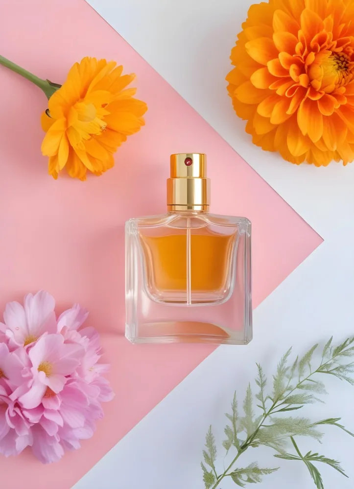 A Perfume Bottle With Golden Cap Surrounded By Orange And Pink Flowers On A Pink And White Background Product Photography Studio Shot 69 4e1e