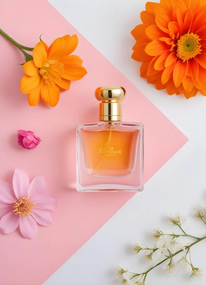 A Perfume Bottle With Golden Cap Surrounded By Orange And Pink Flowers On A Pink And White Background Product Photography Studio Shot 79 0a83