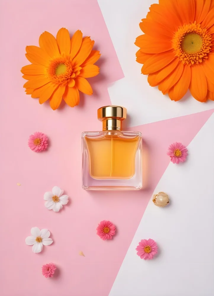 A Perfume Bottle With Golden Cap Surrounded By Orange And Pink Flowers On A Pink And White Background Product Photography Studio Shot 81 Cba8
