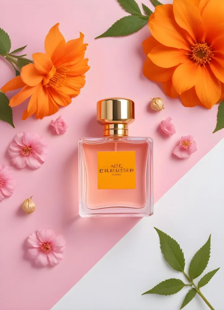 A Perfume Bottle With Golden Cap Surrounded By Orange And Pink Flowers On A Pink And White Background Product Photography Studio Shot 87 99a4