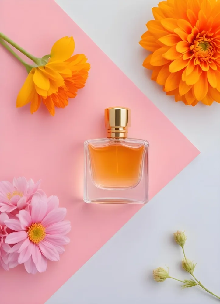 A Perfume Bottle With Golden Cap Surrounded By Orange And Pink Flowers On A Pink And White Background Product Photography Studio Shot 9 1342