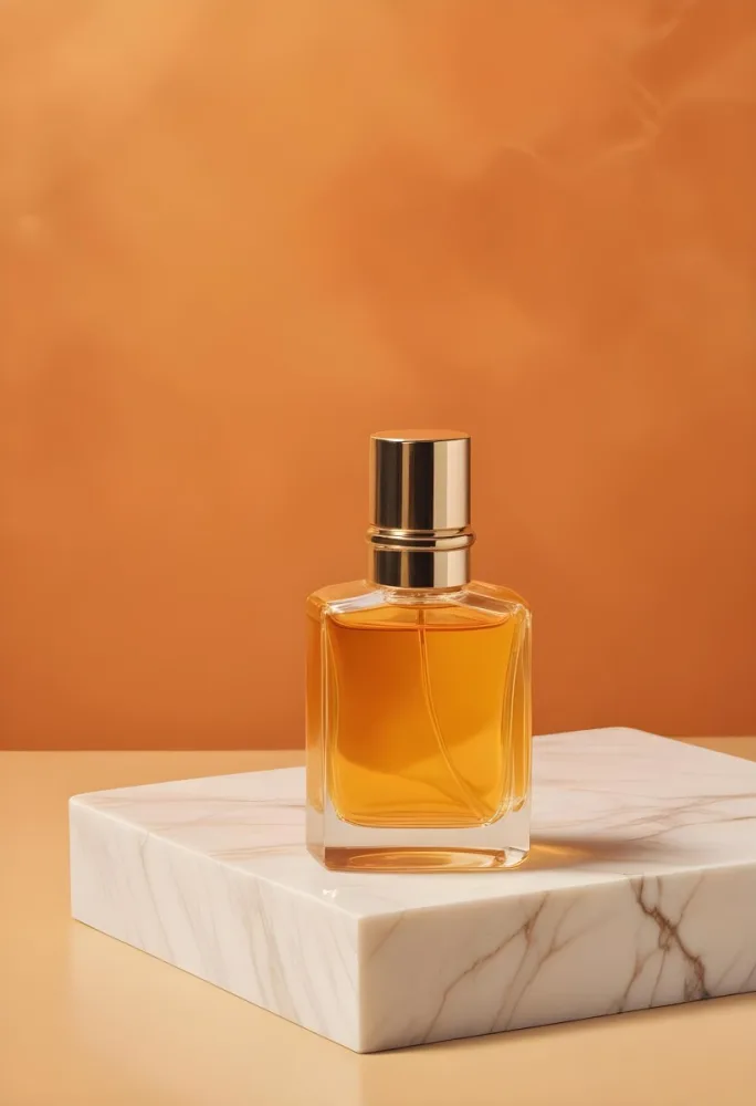 A Perfume Bottle With Golden Liquid Inside On A Marble Surface With An Orange Background 36 F37a