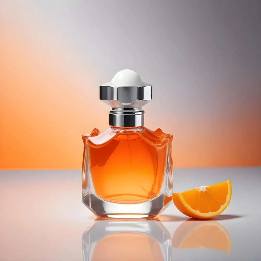 A Perfume Bottle With Orange Liquid And A White Cap Next To An Orange Slice On A White Surface With An Orange And Gray Background 29 Ac03