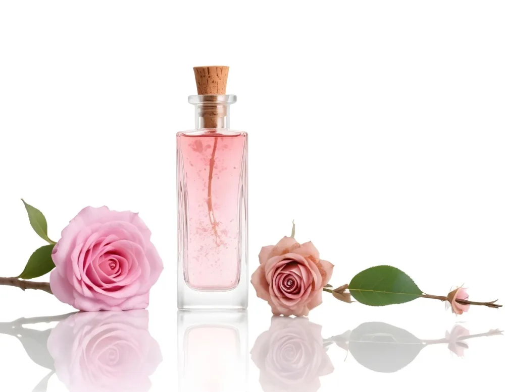 A Perfume Bottle With Pink Liquid And A Cork Stopper Next To A Rose And A Branch With Small Flowers On A White Background 2 373c