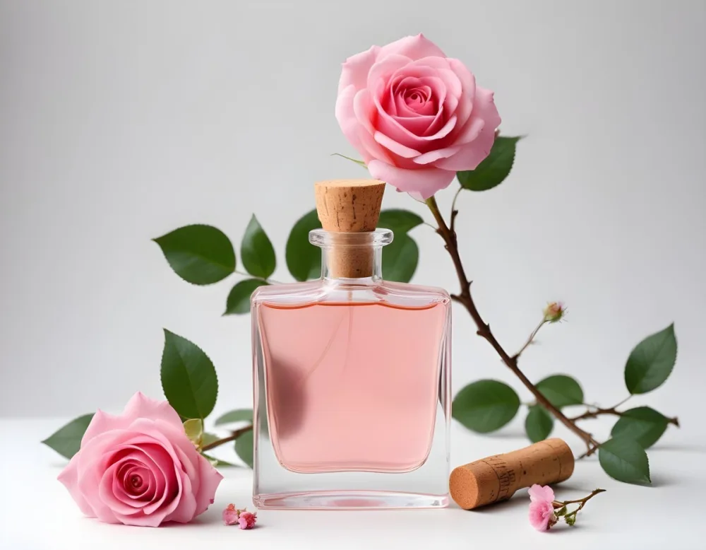 A Perfume Bottle With Pink Liquid And A Cork Stopper Next To A Rose And A Branch With Small Flowers On A White Background 28 B817