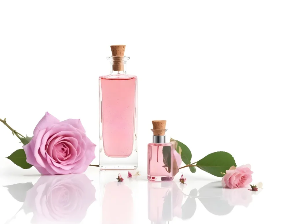 A Perfume Bottle With Pink Liquid And A Cork Stopper Next To A Rose And A Branch With Small Flowers On A White Background 32 Ef69