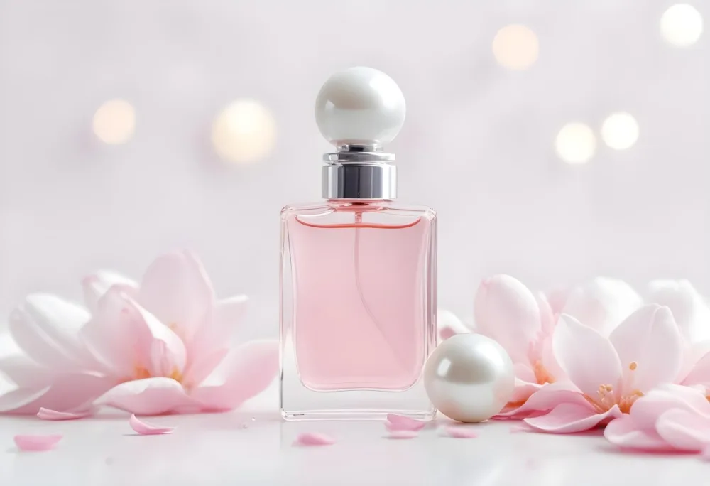 A Perfume Bottle With Pink Liquid And A White Cap Pink Petals And A Pearl Necklace On A White Surface Bokeh Background 14 2372