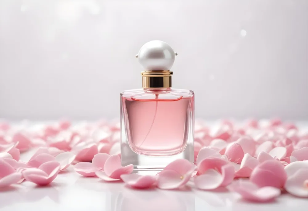 A Perfume Bottle With Pink Liquid And A White Cap Pink Petals And A Pearl Necklace On A White Surface Bokeh Background 2 7926