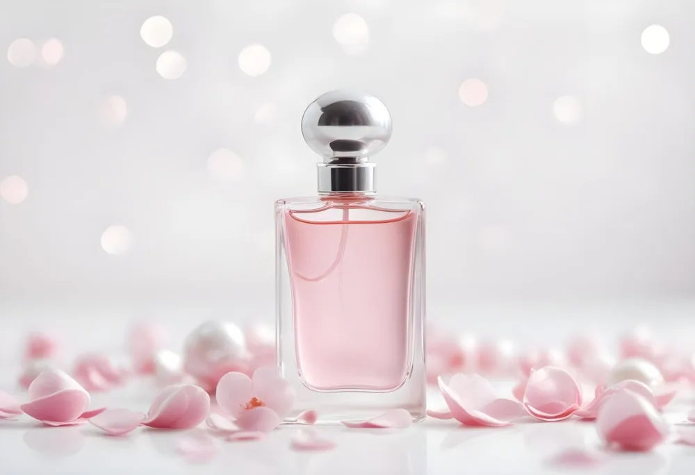 A Perfume Bottle With Pink Liquid And A White Cap Pink Petals And A Pearl Necklace On A White Surface Bokeh Background 25 8d73