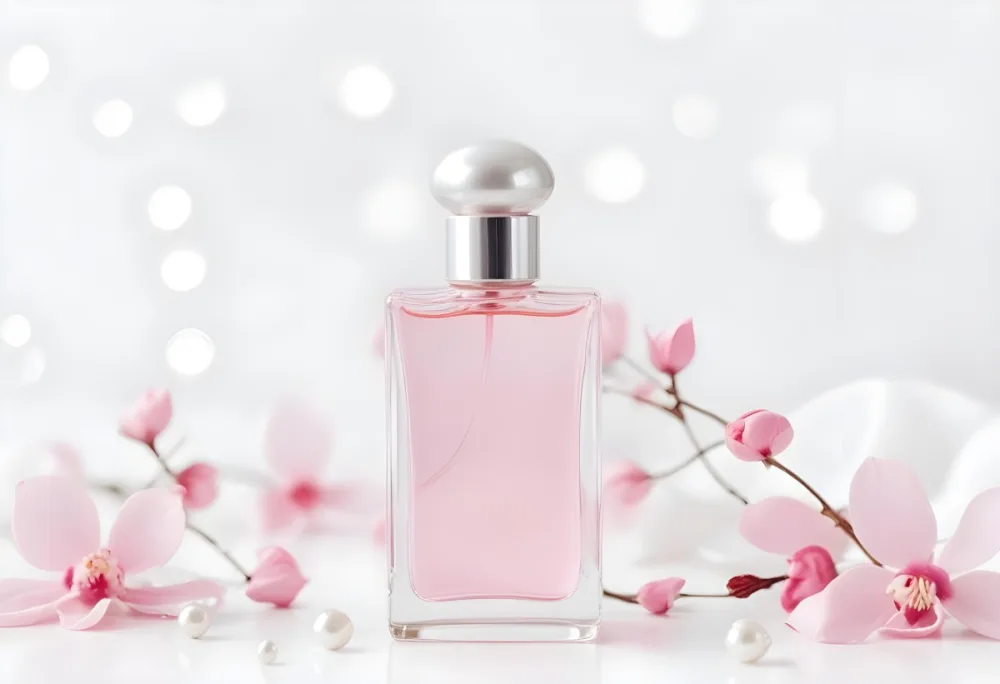 A Perfume Bottle With Pink Liquid And A White Cap Pink Petals And A Pearl Necklace On A White Surface Bokeh Background 60 21b1