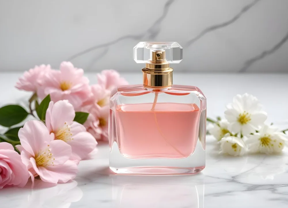 A Perfume Bottle With Pink Liquid And White Flowers Inside On A White Marble Surface White Background 32 7c89