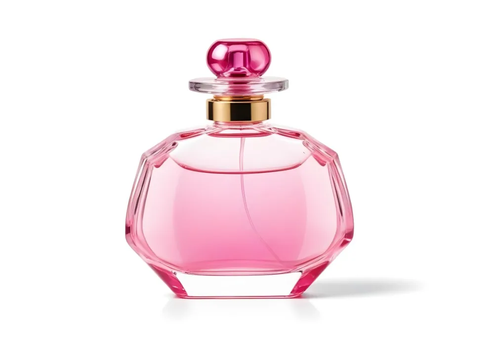 A Perfume Bottle With Pink Liquid Inside Pink Cap On A White Background 5 Dcb2