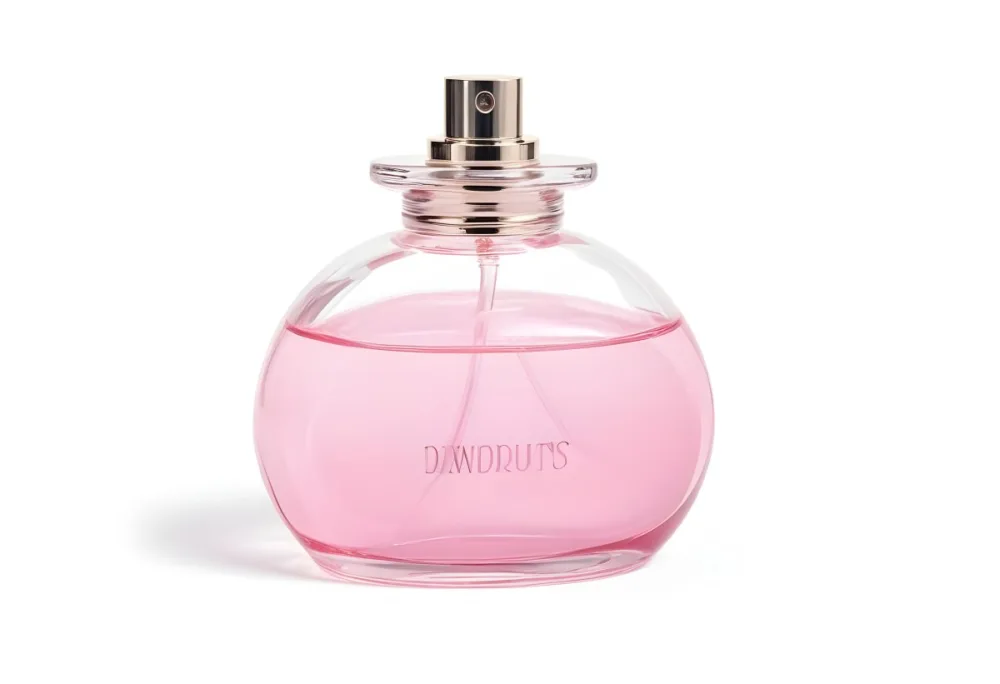 A Perfume Bottle With Pink Liquid Inside Pink Cap On A White Background 6 C64e