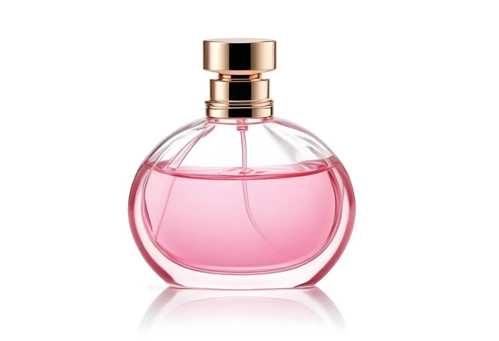 A Perfume Bottle With Pink Liquid Inside Pink Cap On A White Background 7 5276