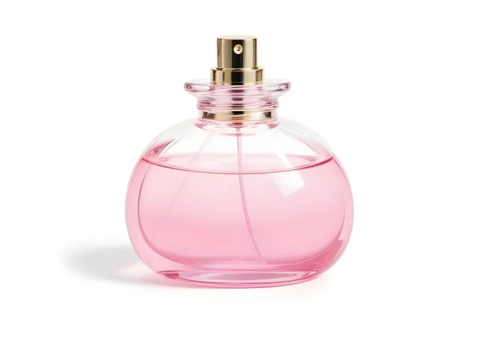 A Perfume Bottle With Pink Liquid Inside Pink Cap On A White Background 8 A34c