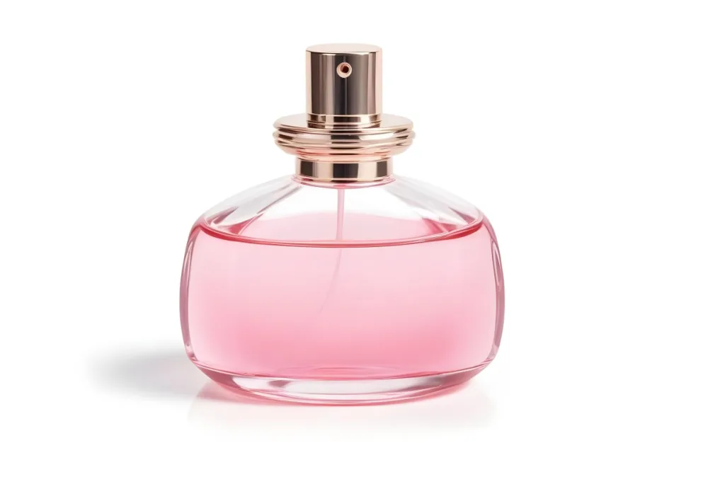 A Perfume Bottle With Pink Liquid Inside Pink Cap On A White Background 9 02e4