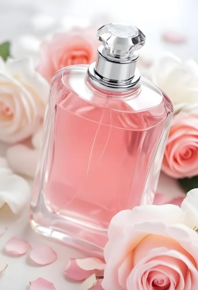 A Perfume Bottle With Pink Liquid Inside Surrounded By White And Pink Rose Petals Soft Lighting Elegant Presentation Product Photography Beauty Concept 20 F714