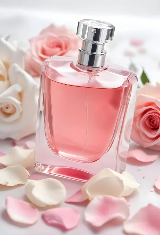 A Perfume Bottle With Pink Liquid Inside Surrounded By White And Pink Rose Petals Soft Lighting Elegant Presentation Product Photography Beauty Concept 22 5850