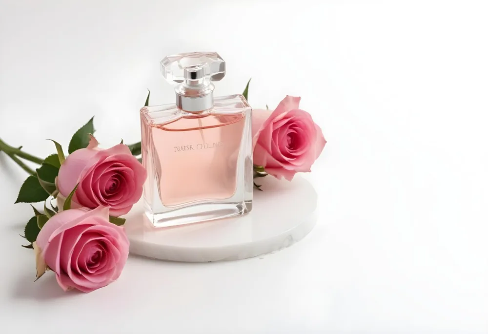 A Perfume Bottle With Pink Liquid On A White Round Surface Three White Roses On A White Background 11 Dc72