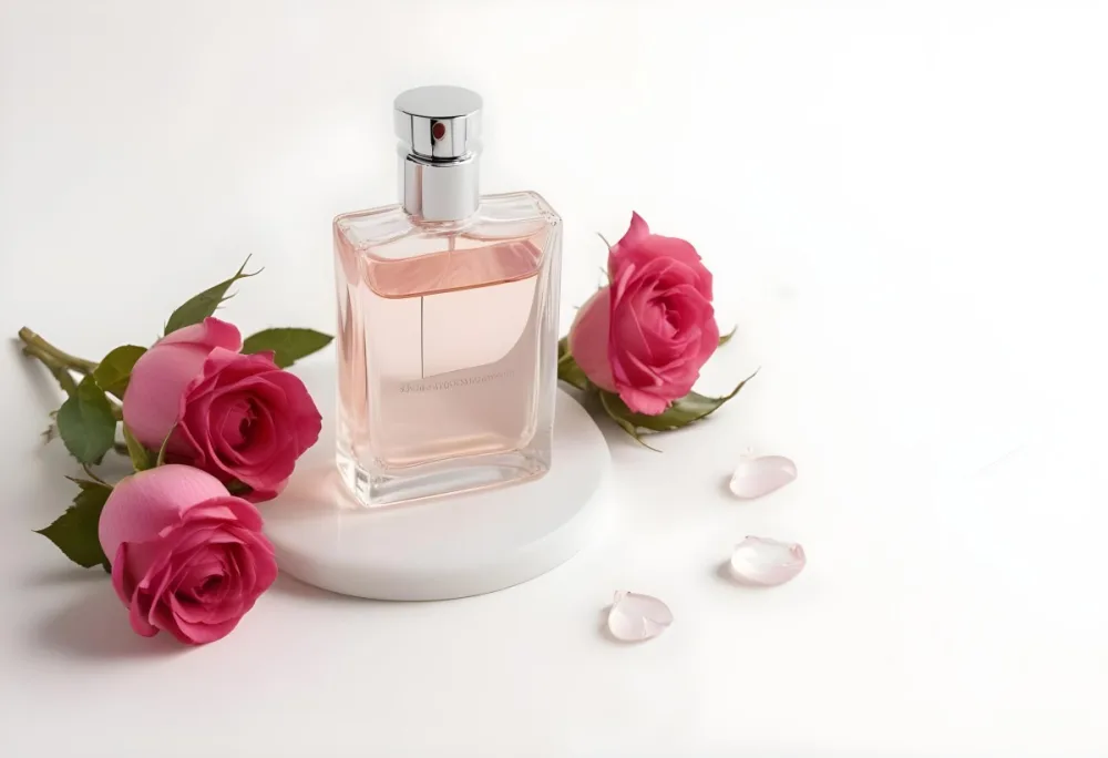 A Perfume Bottle With Pink Liquid On A White Round Surface Three White Roses On A White Background 15 84a3