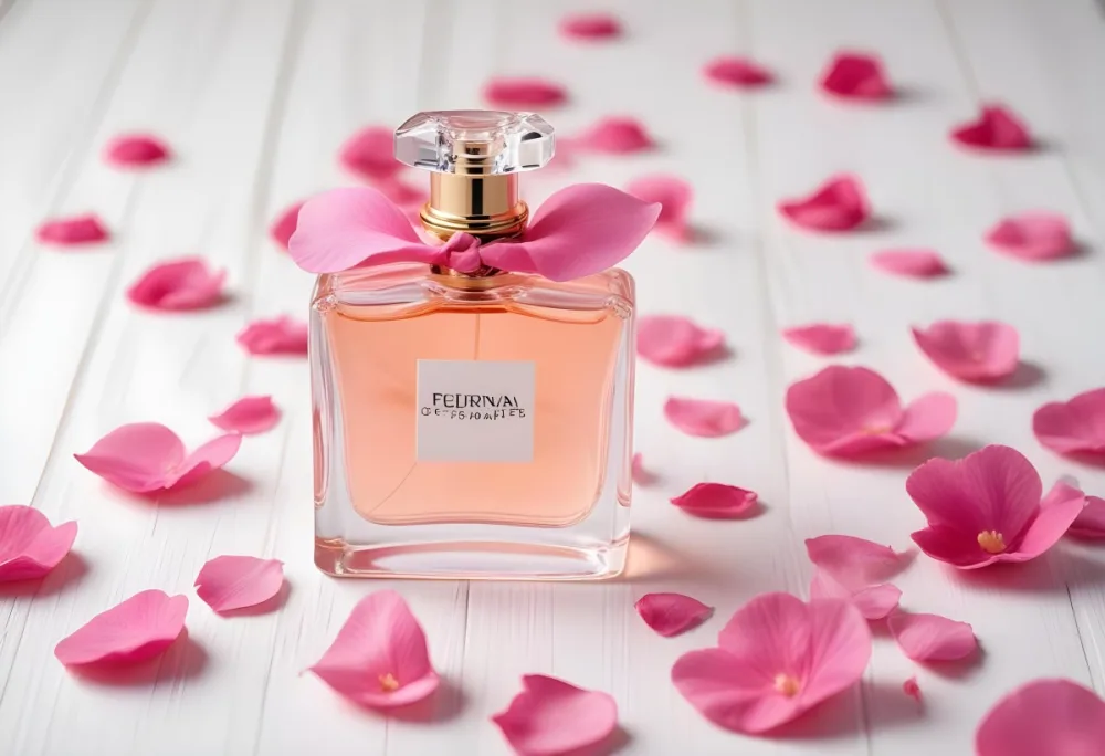 A Perfume Bottle With Pink Liquid Surrounded By Pink Flower Petals On A White Wooden Surface Elegant Luxury Beauty Fashion Floral Fragrance 1 D0b7